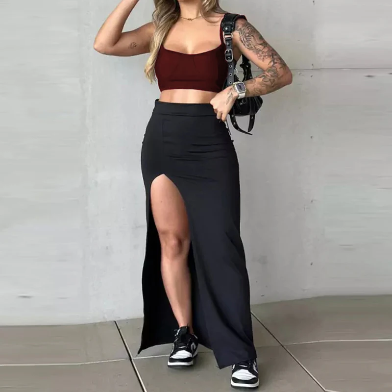 Stylish Hot Girl Side Split High Waisted Wrap Hips Half Skirts Sexy Slim Solid Elastic Long Skirts Midnight Party Straight Skirt