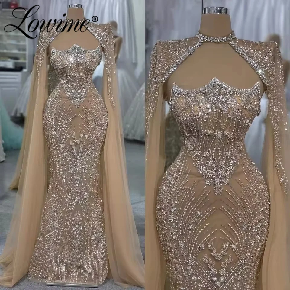 

2026 Two Piece Champagne Party Dress Beaded Crystals Mermaid Prom Dresses Customized Cape Sleeve Arabic Dubai Evening Gowns Robe