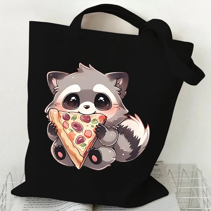 Cartoon Raccoon Printing Canvas Bag Women's Cute Animal Shoulder Tote Bag Large Capacity Shopping Bag Female Fashion Handbag