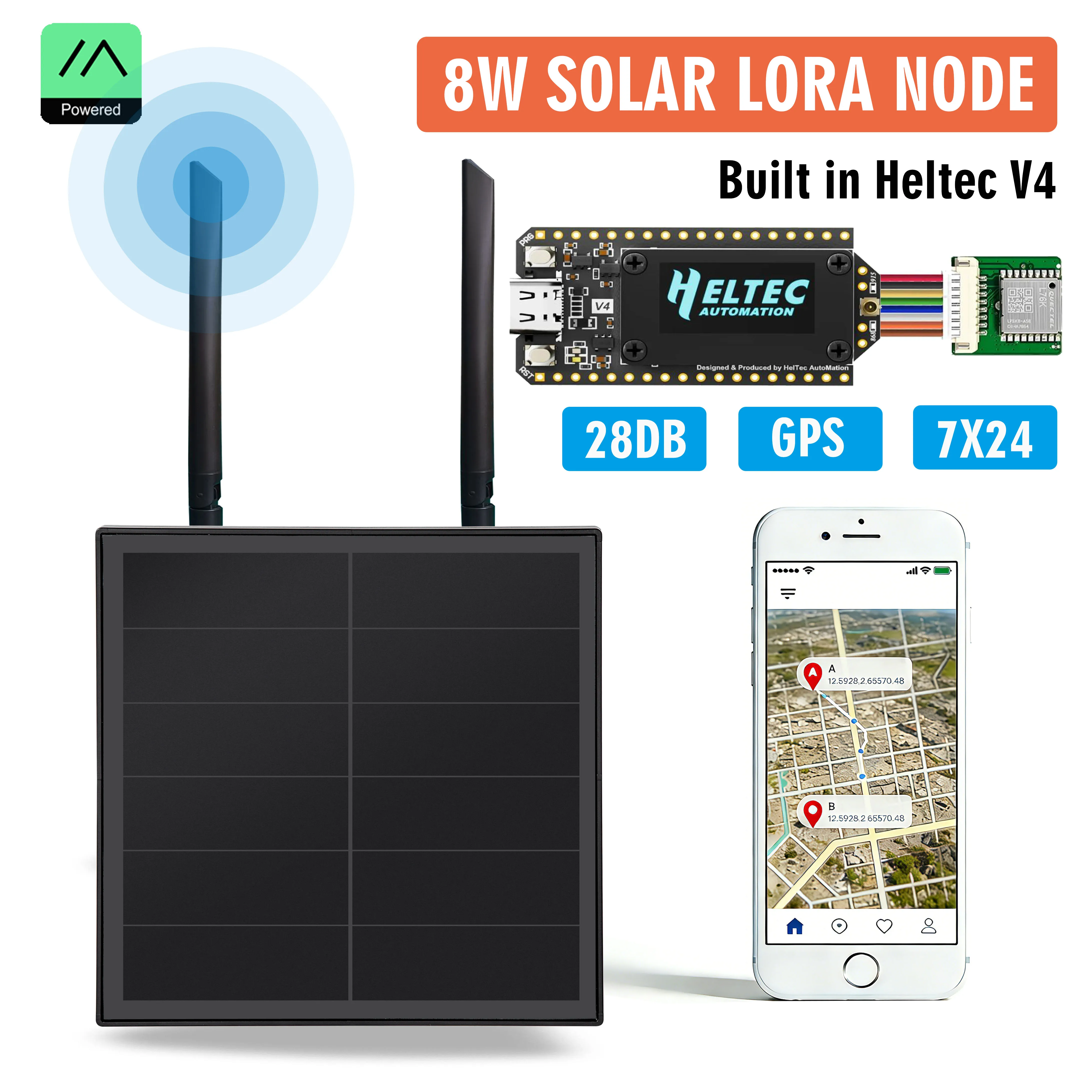 

8W Solar LoRa Node Heltec V4 28DB GPS Node 868 915MHz LoRaWAN Waterproof Install Battery ESP32 Arduino LoRa IoT Meshtastic APP