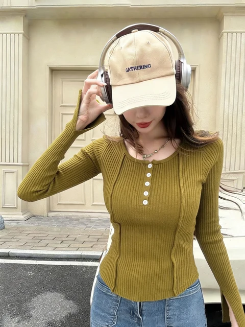 Women's Clothing Fashion All-match Solid Knit Pullovers Spring Summer Elegant Square Collar Chic Button Sweater Lady Vintage Top