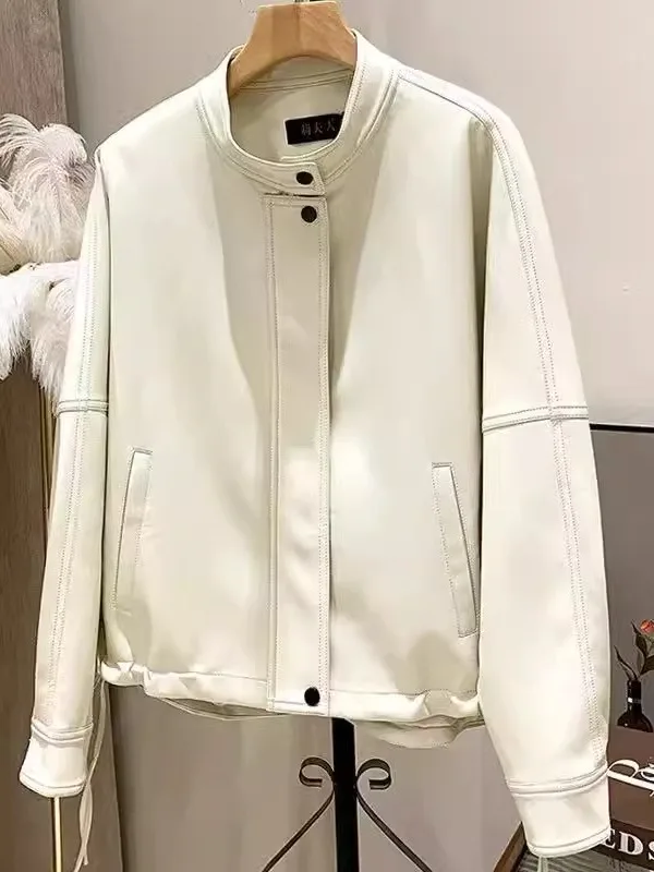 2025 New Women's ort Loose Fitting eepskin Leather Jaet Haifeng Brand Stand Collar Large Size Leather Vest