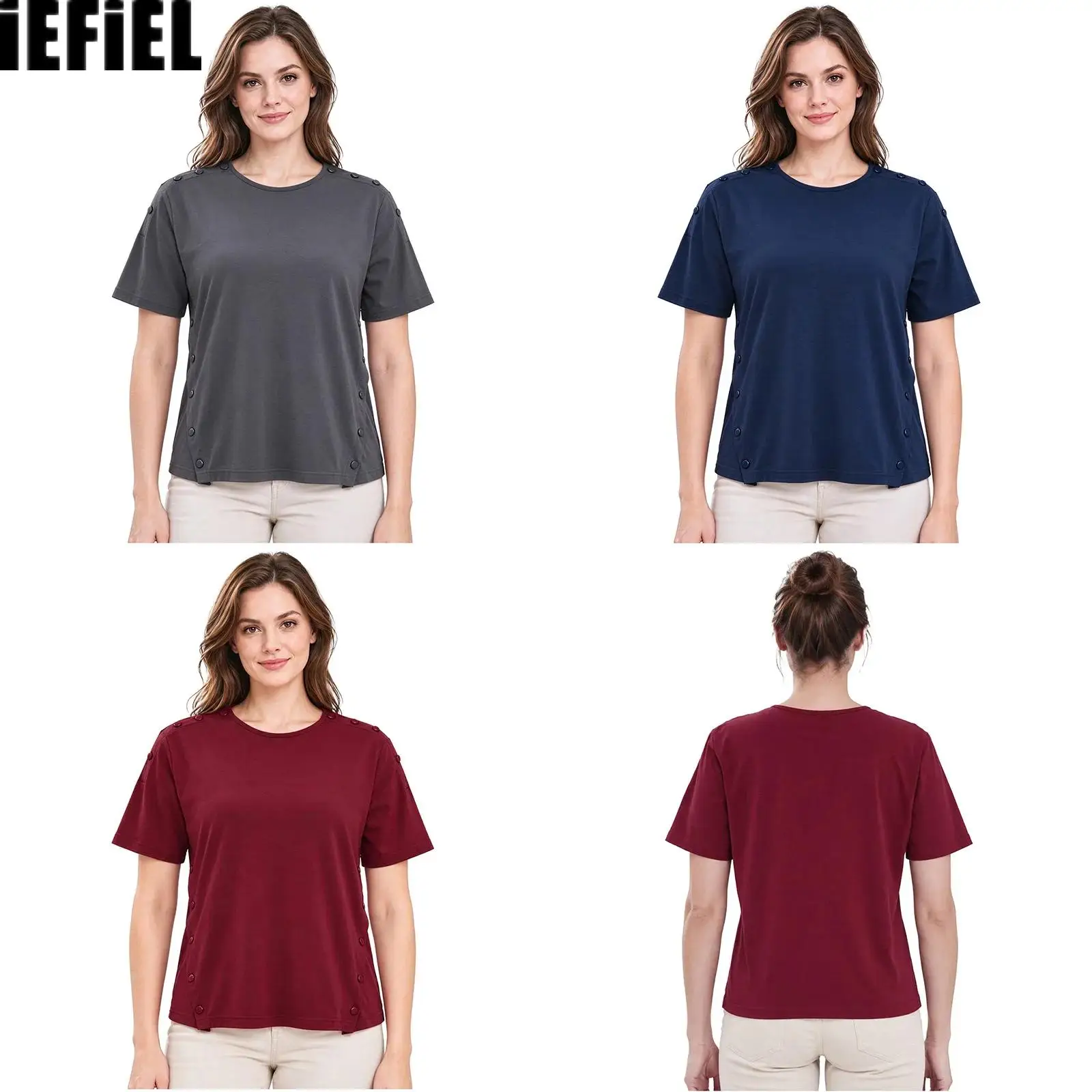 Women Adaptive Top Round Neck Short Sleeve Press Buttons Shoulders Sides Top for Nursing Home Post-operative Recovery