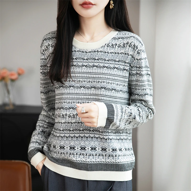 Autunno e inverno nuovo maglione di lana color block da donna moda coreana lavorato a maglia O-collo pullover allentato top da donna di vendita caldo