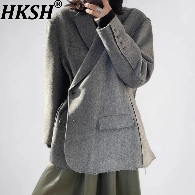 

HKSH Autumn Winter New Women Thick Blazer Asymmetric Design Slanted Button Waist Cinching Trendy High Street Casual Coat HK11277