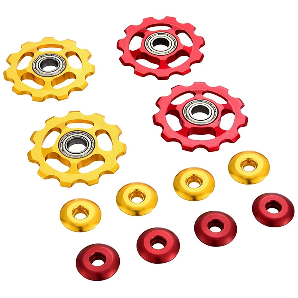 4 Pieces 11T Aluminum Sealed Bearing Wheel Bicycle Guide Roller Rear Derailleur Pulley (Red and