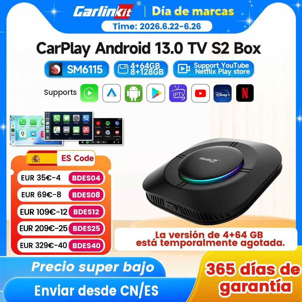2026 Carlinkit Ai Box LED Android adaptador Carplay inalámbrico Android 13 Qualcomm 6115 8 núcleos 64G Smart Tv Box para Netflix IPTV