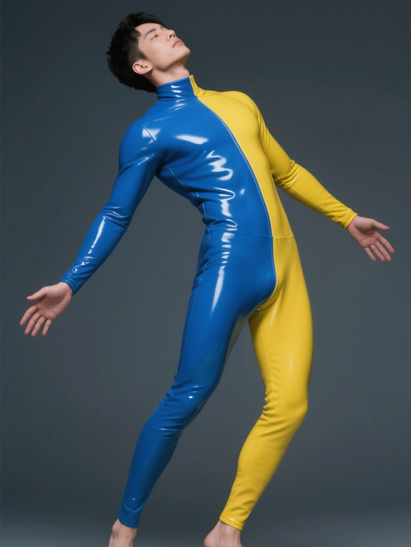 Catsuit de goma de látex para Cosplay, disfraces de fiesta puramente hechos a mano, traje deportivo, empalme de dos tonos