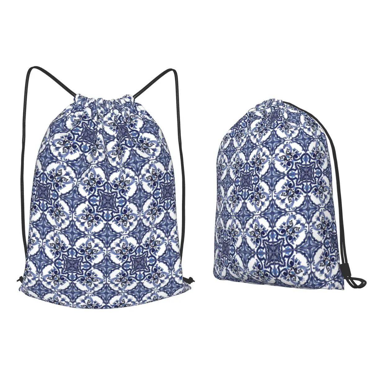 Blue Ornate Floral Mediterranean Sicilian Tile Backpacks Casual Drawstring Bags Storage Bag Book Bags for Man Woman Students