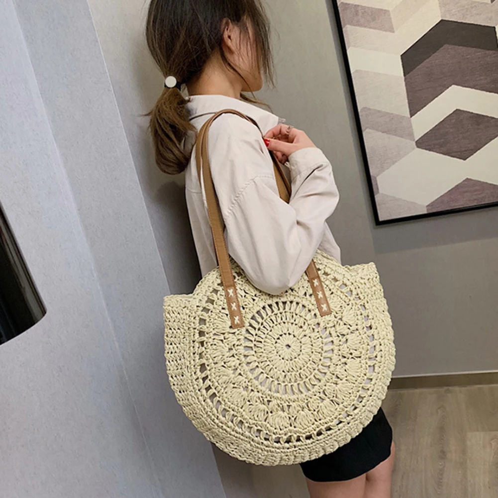 Summer Top-handle Bag Handmade Hollow Weaving Underarm Bag Fashion Casual Simple Portable Large Capacity for Seaside Holiday