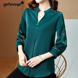 Camisa con botones bordados para mujer, Jersey holgado de manga tres cuartos con cuello en V, color liso, Estilo Vintage e informal, ropa para verano y otoño, 2023