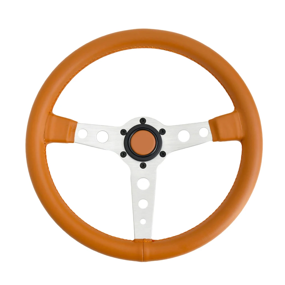 

JDM Universal Leather Steering Wheel 350MM 3 Spokes Falt 40mm Deepth 5mm Bracket Racing Steering Wheel With Brown Horn Button