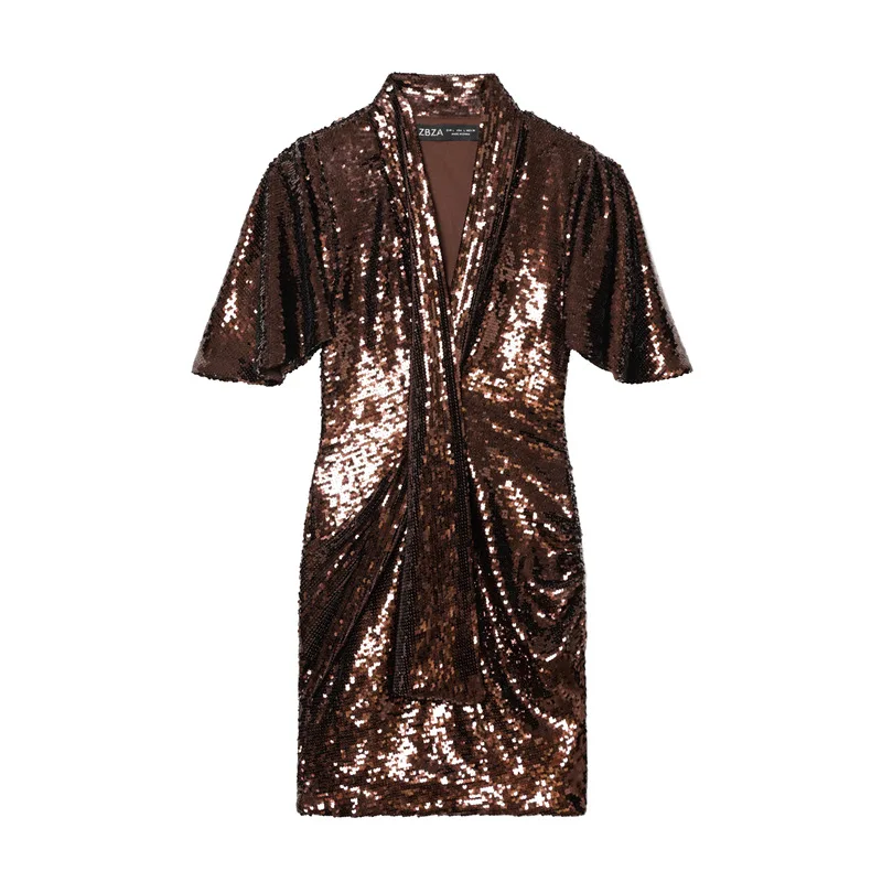 Women's Fashion Design Slim-Fit Casual Dress Brown Sequin Short Sleeve Wrap Mini Dress Deep V Neck Party Dress For Women FZ57