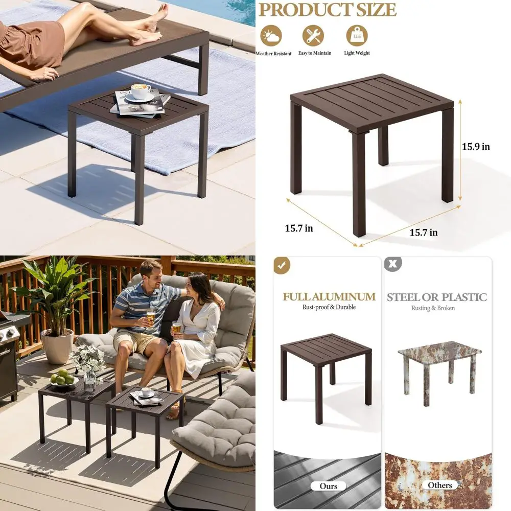 Mesa Auxiliar para Exteriores, Mesa Auxiliar para Tumbona de Piscina, Mesa Auxiliar Cuadrada Pequeña Resistente a la Intemperie para Patio, Jardín, Terraza, D