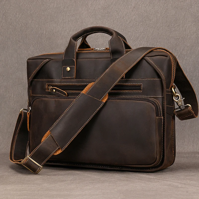 Genuine Leather Briefcase Bag for man fit for 14 inch PC Business Bag Vintage male laptop handbag Handmade Crossbody bag