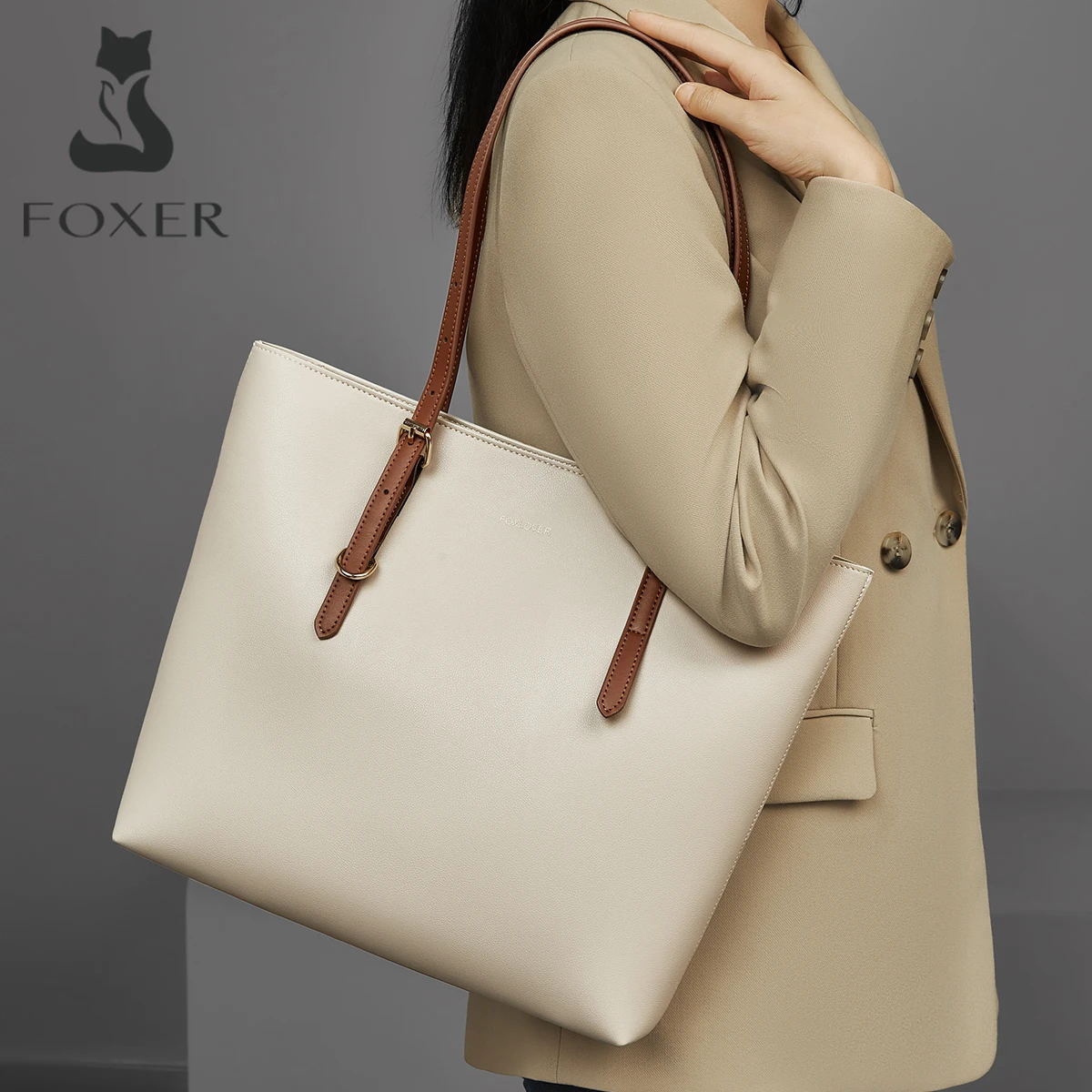 FOXER Women Tote Shoulder Handbag Simple Large Capacity Bag for Lady