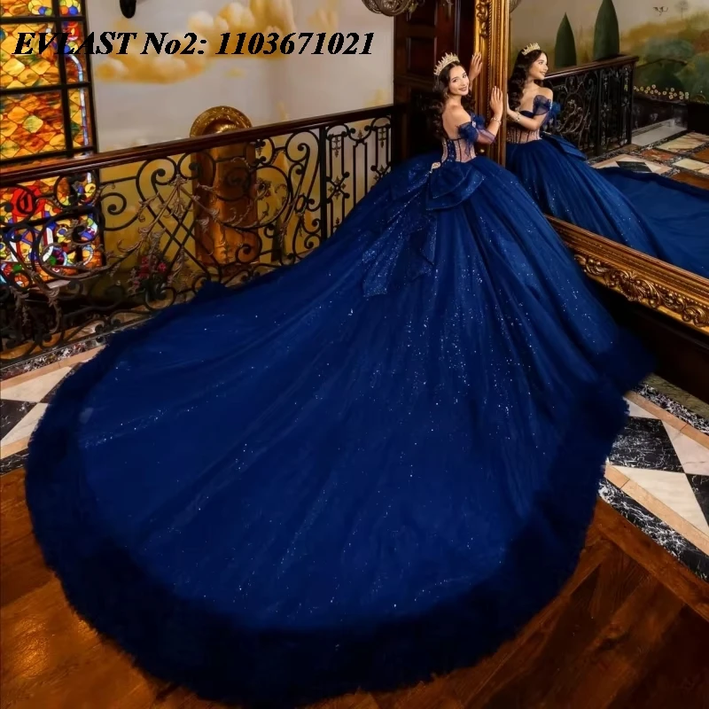 EVLAST personnalisé brillant bleu marine Quinceanera robe épaules nues paillettes appliques perles doux 16 robes De 15 Anos E2QA10