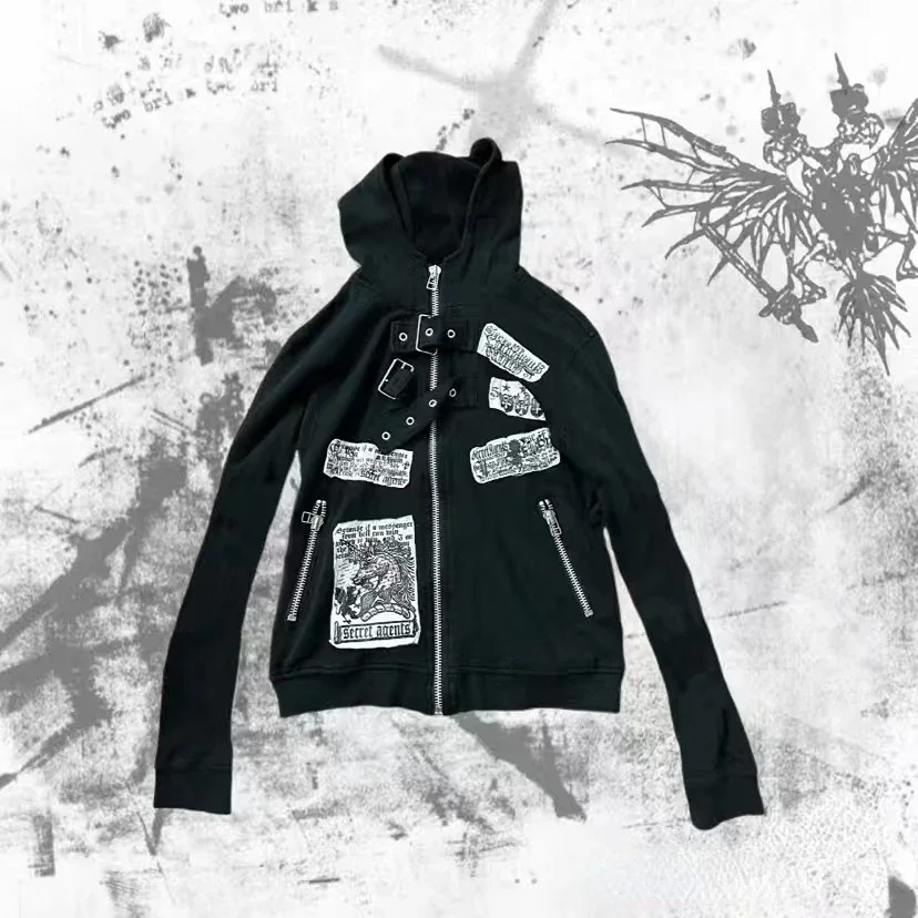 

Американская винтажная толстовка с длинным рукавом, женская повседневная толстовка с готическим принтом в стиле панк, субкультура на молнии, осенняя женская одежда