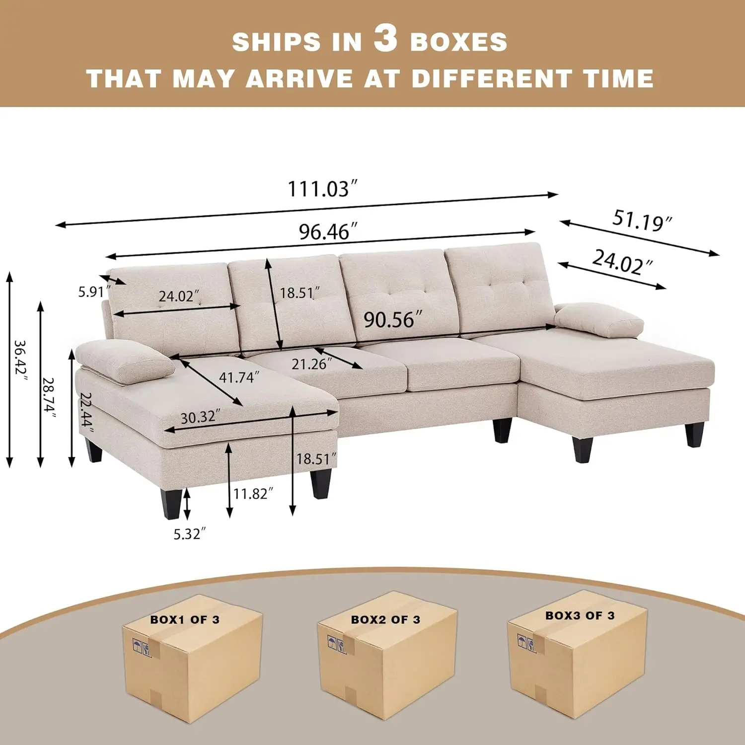 Canapé sectionnel en forme de U en fibre de polyester avec double chaise, canapé moderne, 4 places, 111 po, salon