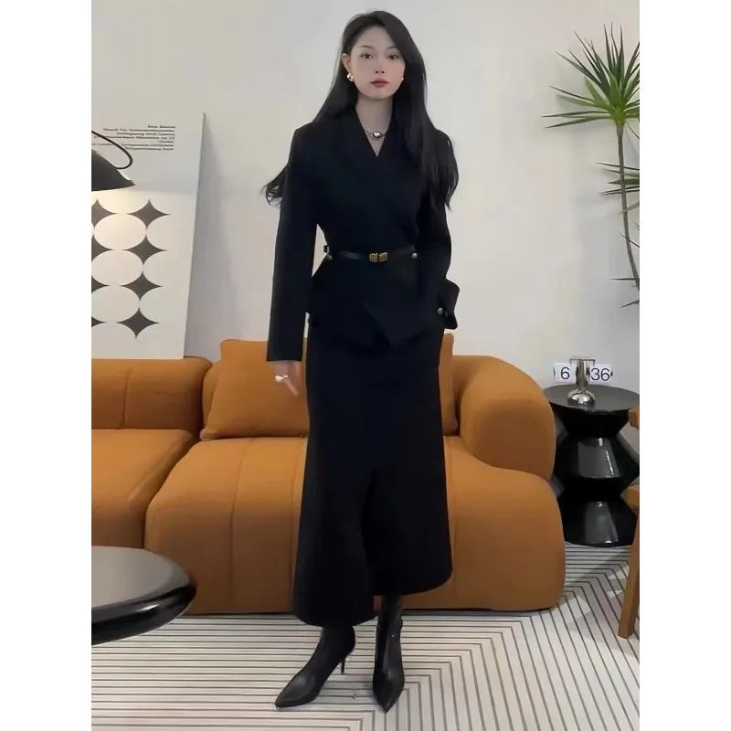 UNXX Autumn/Winter Vintage Casual Waist Wrapped Suit Coat Half Skirt Set Black Hepburn Belt Suit Half Skirt Two Piece Sets Women