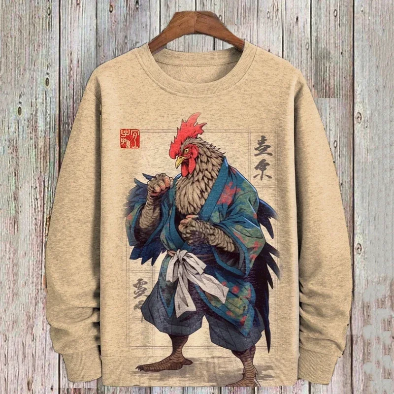 Men's Retro Sweatshirt Long Sleeve T-shirt 3D Printed Kung Fu Chicken Hoodie Pullover Oversized Sweatshirt Men's Tops