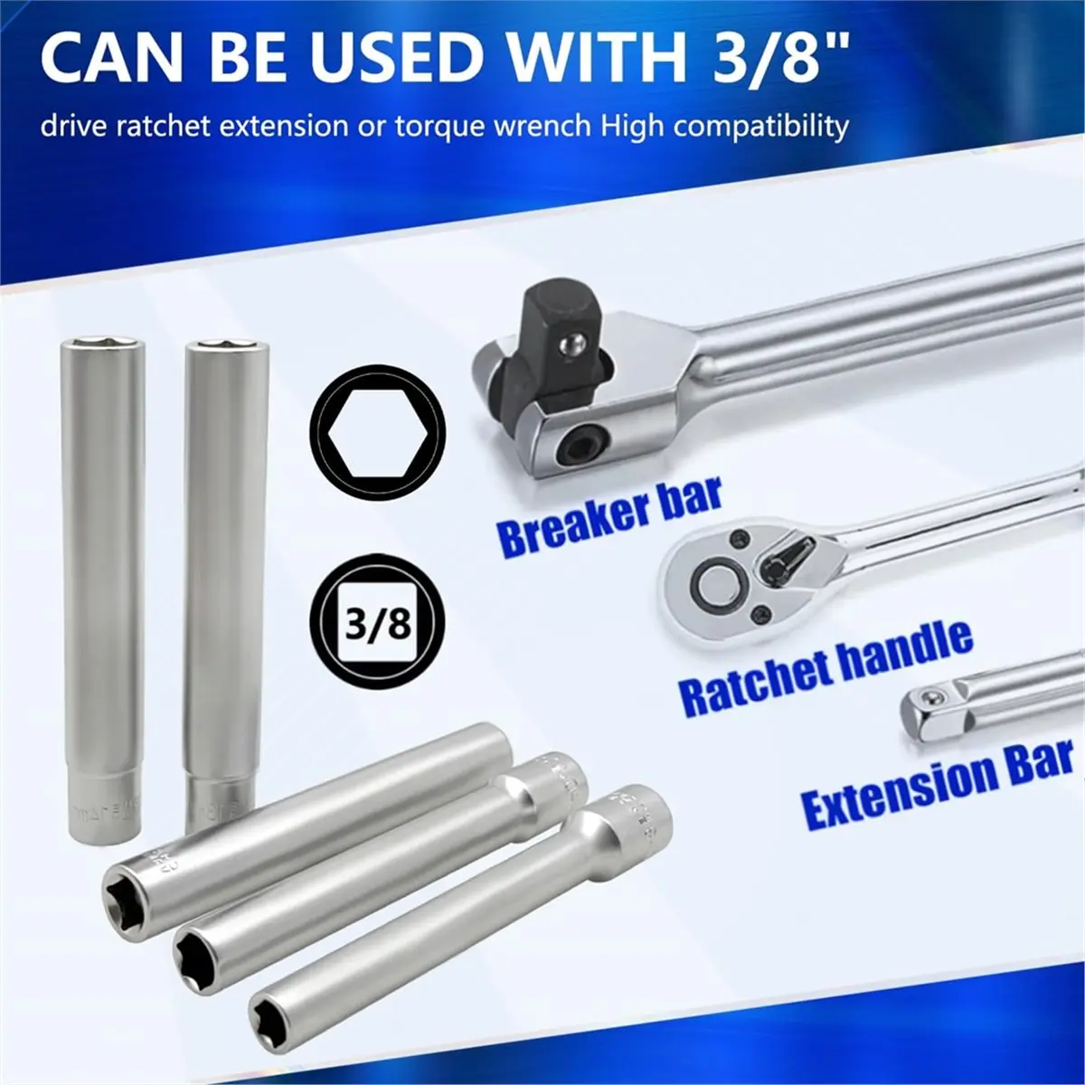 5PCS Deep Metric Socket Set, 3/8-Inch Drive Thin Wall Socket, 6-Point 8-10-12-13-14MM - Extra Long Deep 120MM