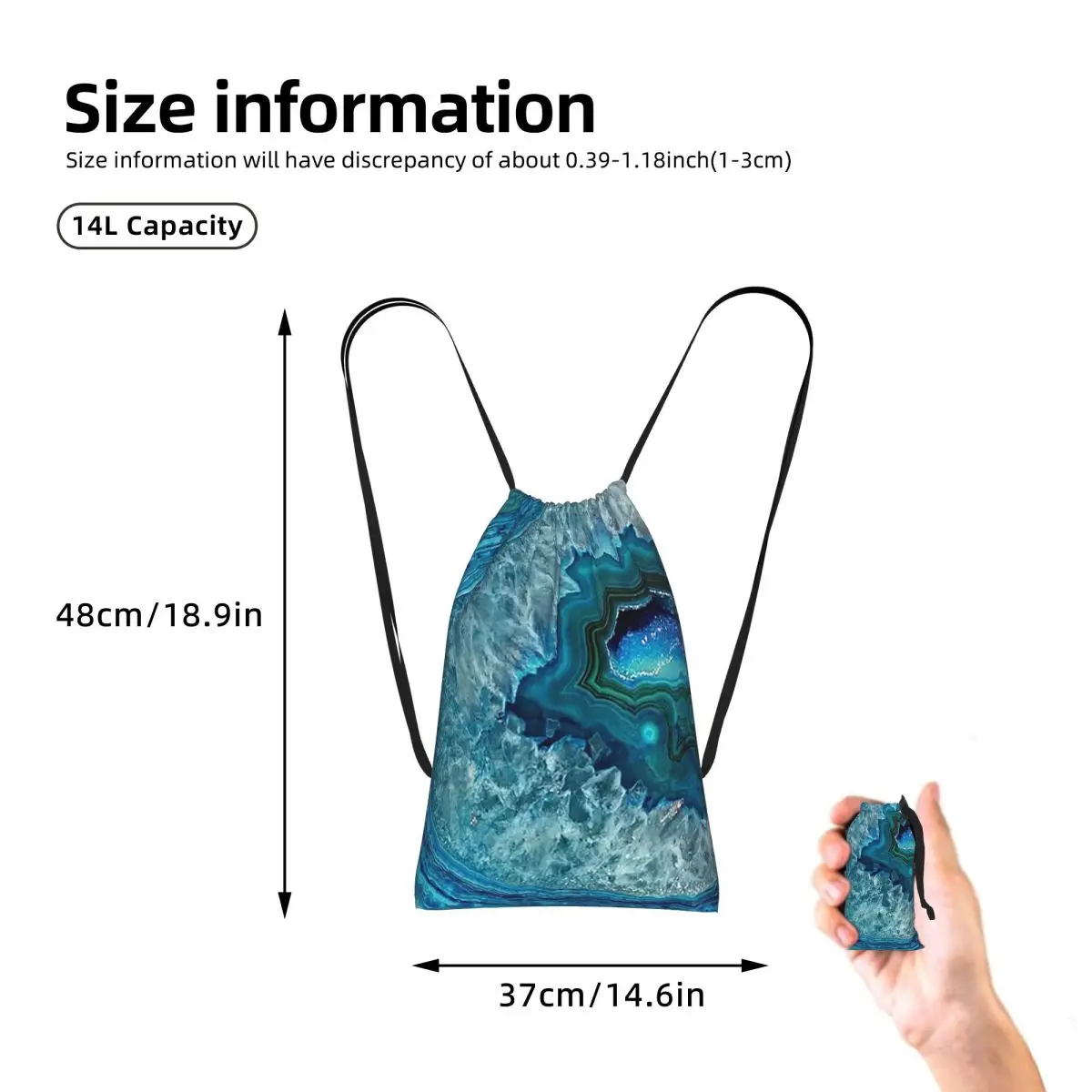 Teal Aqua Turquoise Blue Rock Agate Mineral Crystals Pattern Drawstring Backpack Sports Gym Bag Portable Travel Drawstring Bag