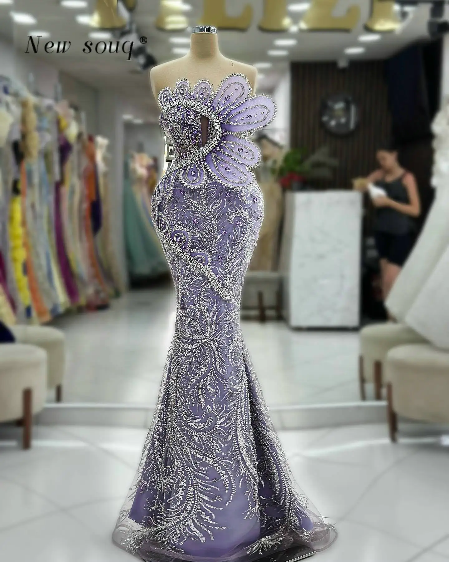 Abiti da sera lunghi viola lavanda dal Design 3D Chic con cristalli abiti da cerimonia per feste di secondo ricevimento con paillettes scintillanti a sirena formale