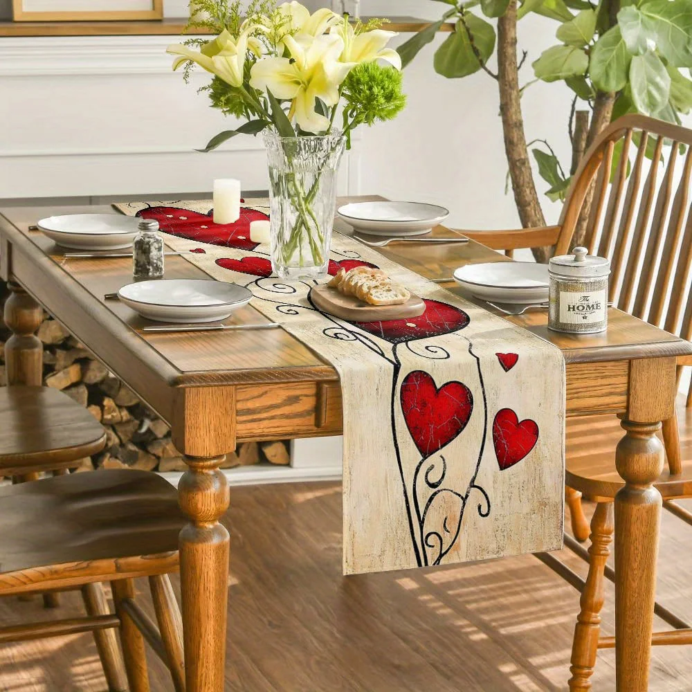 Vintage Cracked Heart Floral Table Runner - Rustic Beige Indoor Outdoor Home Kitchen Living Room Coffee Table Holiday Gift Decor