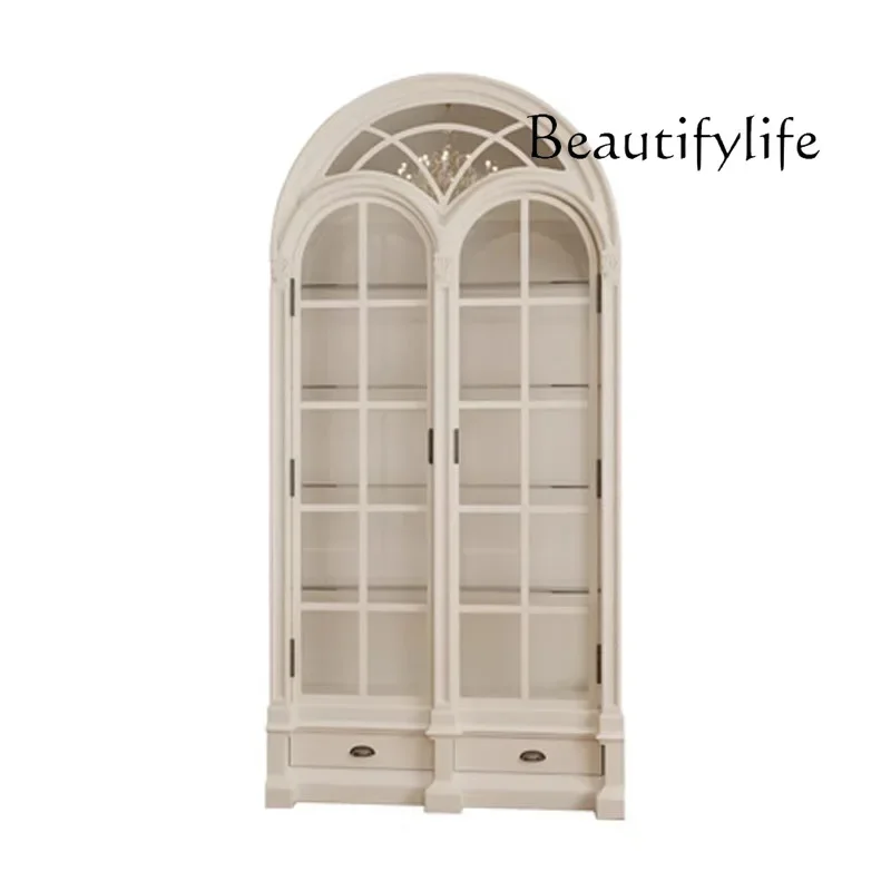 

French retro solid wood bookcase household engraved wine display cabinet