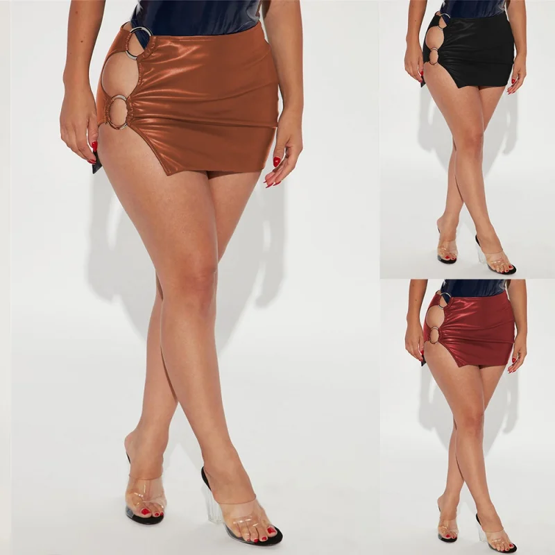 

Cross-Border Leather Skirt PULeather Skirt Women's European and American Style Sexy Tight Short Skirt Nightclub Iron Hoop Hollow