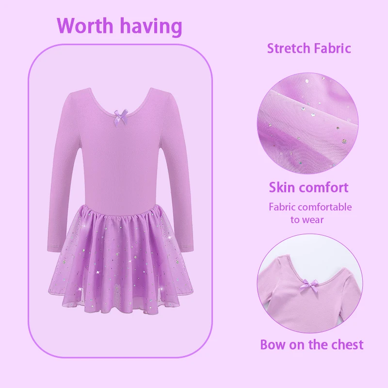 Girl Long sleeves Ballet Dance Leotard Toddler Sparkly Dance Dress shiny skirt Suitable for children\'s stage performances