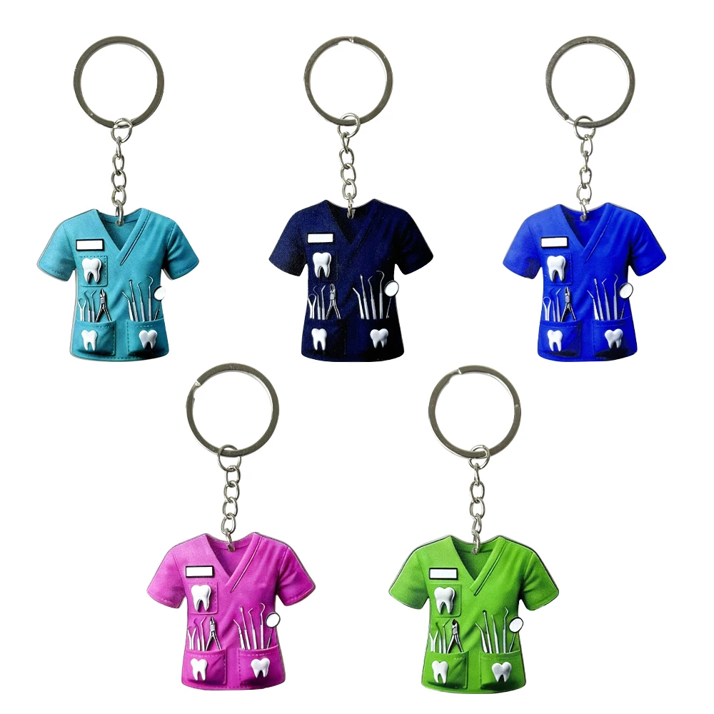 5pc Dentist Costume Keychain Flat Acrylic Nurse Doctor Themed Keychains Ornament Hanging Decoration With Key Ring Dentistry Gift