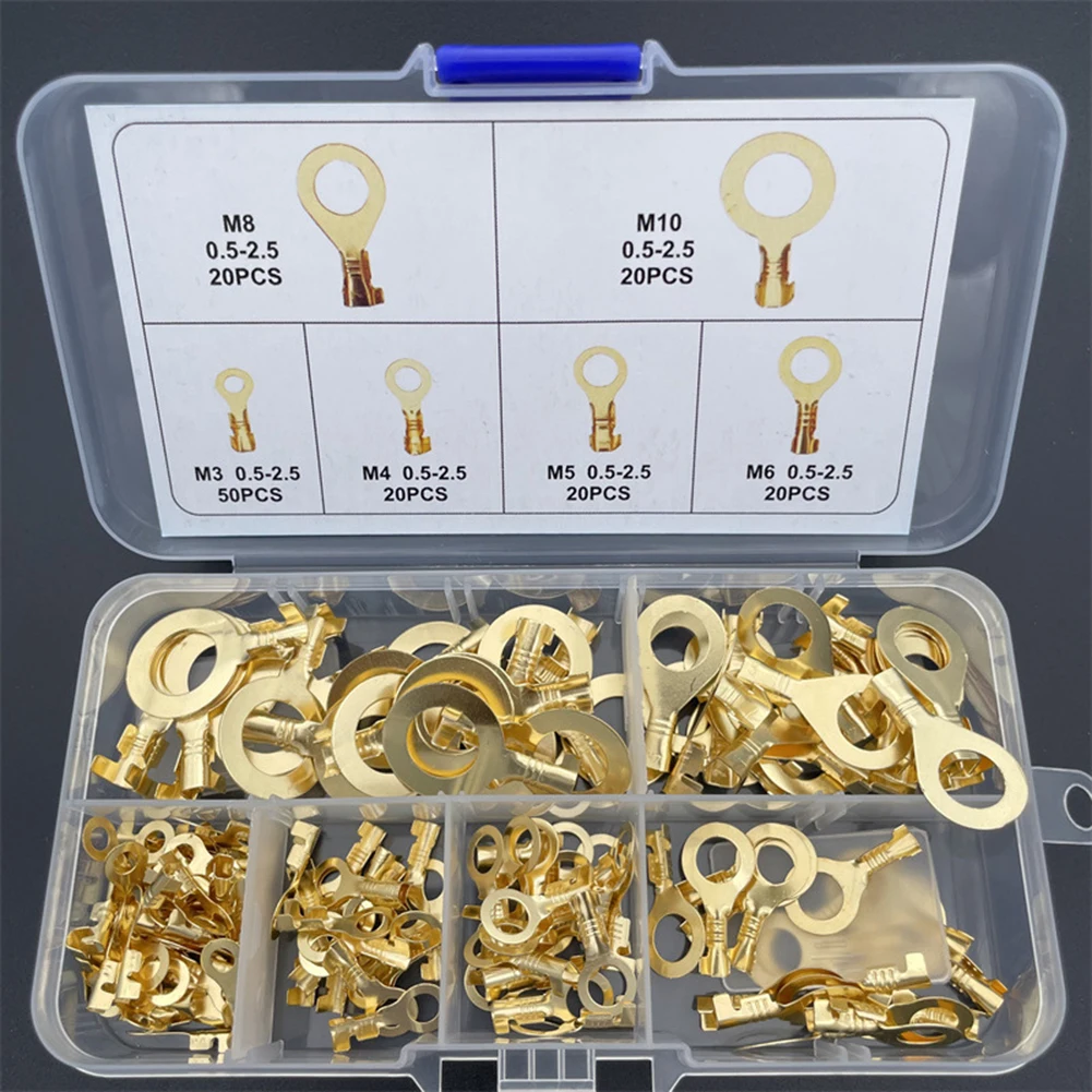 150PCS Brass Ring Cable Lug Ring Eye Terminal M3-M10 6 Size Bare Terminal Kits Wire Connection Non Insulated Assortment Kit