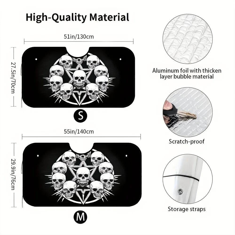 1pc Gothic Skull Pentagram Car Sunshade - Foldable Windshield Cover With Suction Cup Design For Stability, Durable Polyester, Fi