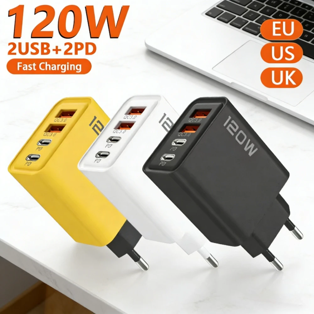 4 Ports USB Charger 120W MAX Type C Wall Charger Phone Travel Adapter EU/US/UK Plug Phone Adapter For iPhone 17 16 Xiaomi Huawei