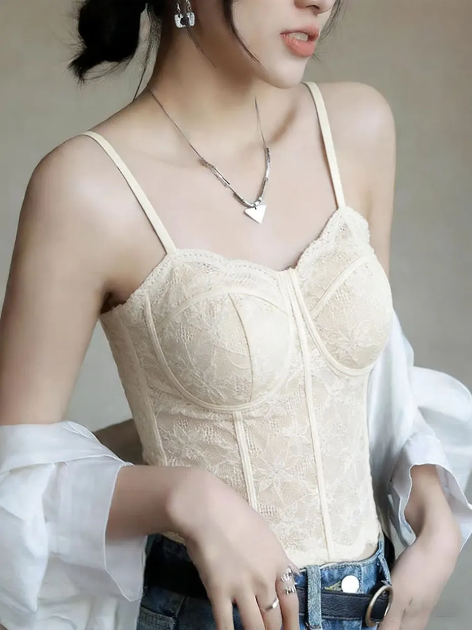 Pure Desire Lace Strap Vest Women's Fur Inner Beauty Back Bra Integrated Chest Pad Fishbone Bra Top Short Length V-neck