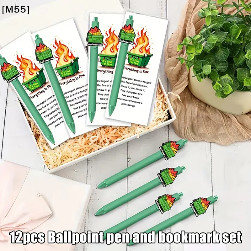conjunto-de-12-cartoes-com-tema-incendio-no-lixeiro-combinacao-divertida-de-caneta-esferografica-e-marcador-de-pagina-presente-requintado-[m55][m55]