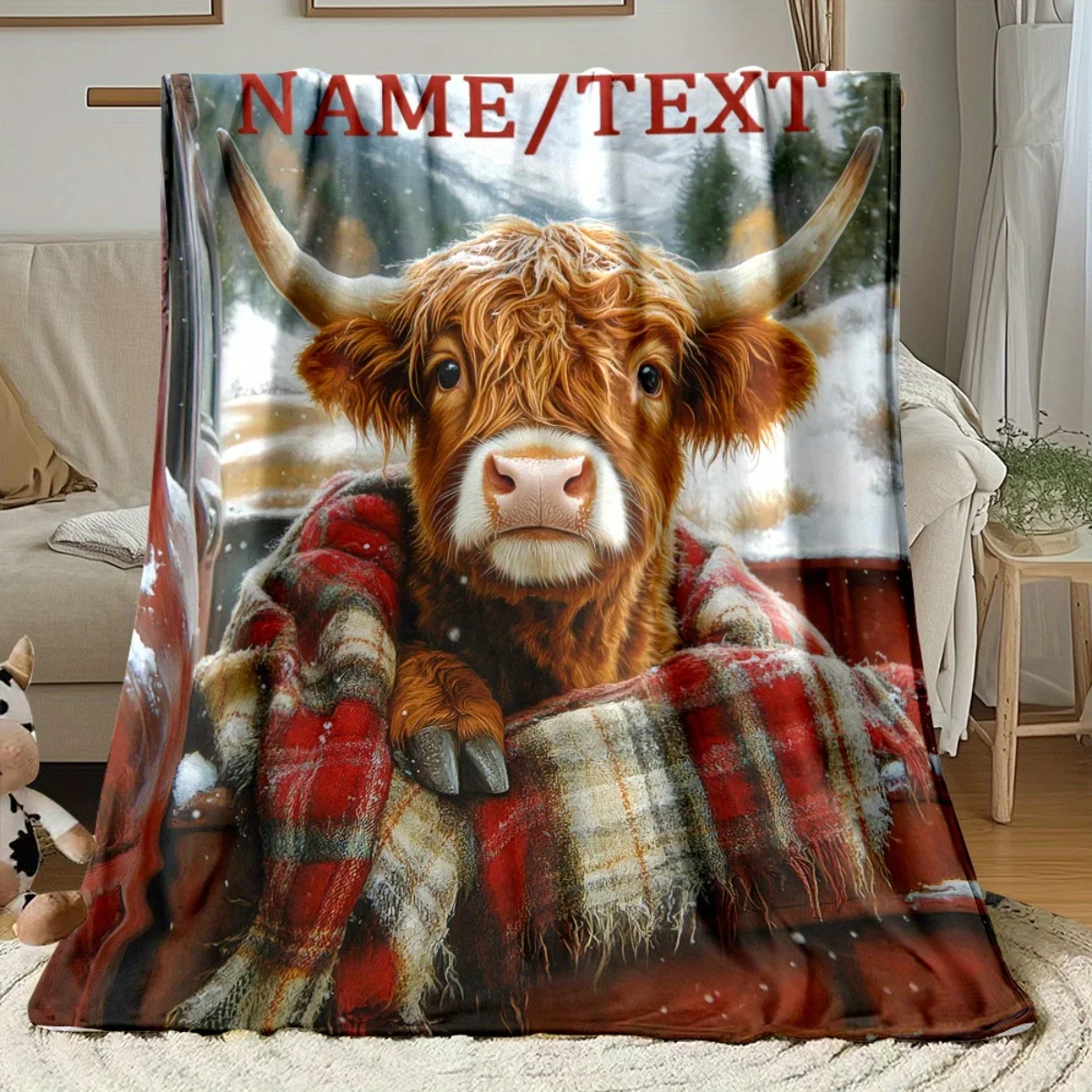 1pc Personalized Custom Name Highland Cow Blanket - HD Digital Print Soft Flannel Flannel Throw with Scottish Cow & Plaid Design