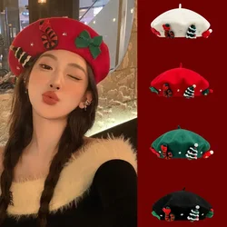 Christmas Hat Vintage Red Green Beret Female Winter Butterfly Y2k Millennium Sweet Sister Warm For Women Wool Tweed Beret Cap