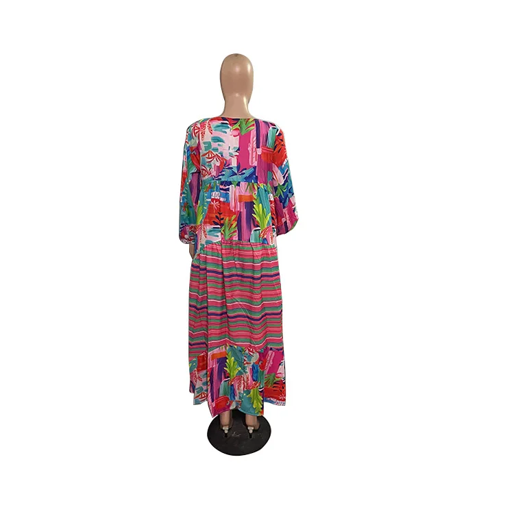 African Print Dresses for Women Summer Sexy African Long Sleeve V-neck Polyester Long Pleated Dress Maxi Dress African Dresses