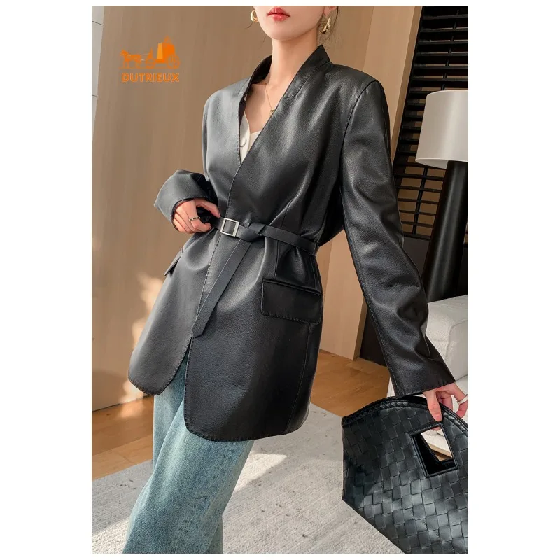 Autumn Women's Sheepskin Trench Coat Mid-length Suit Genuine Leather Jacket, 100% Genuine Sheepskin, Daily Casual Coat for Women