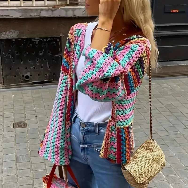 Multicolor Crochet Cardigan Women Sheer Openwork Patchwork Knit Open Front Sweater Jacket  Boho Beach Vacation Festival Outfit
