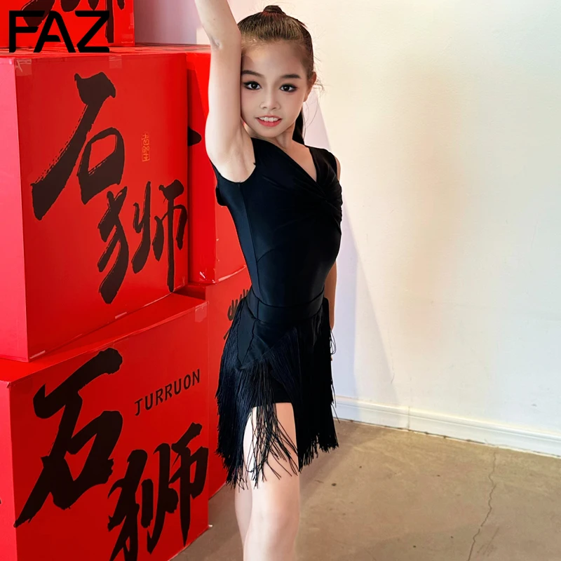 

Summer children's black tassel dance practice costumes split-style practice costumes children's Latin dance costumes