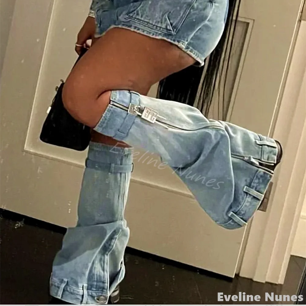 Shark Round Toe Cowboy Boots Women Fashion Platform Side Zipper Belt Buckle Trouser Boots 2024 New Boots for Parties Catwalk