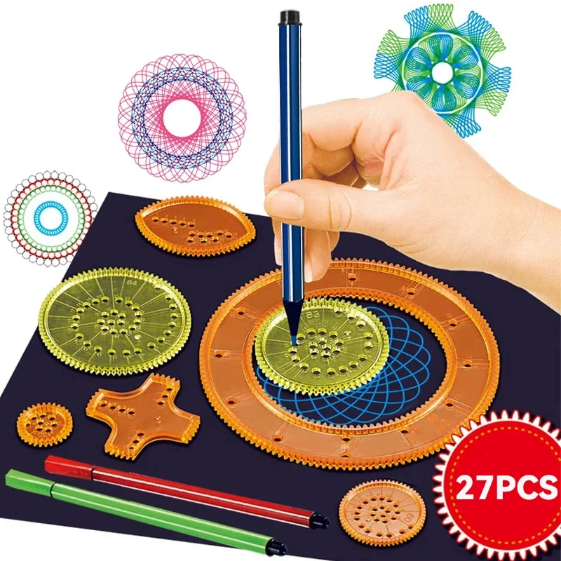 27Pcs Spirograph Drawing Toys Set Montessori Toys Interlocking Gears Wheels with Pens Spiral Design Painting Geometric Ruler Toy