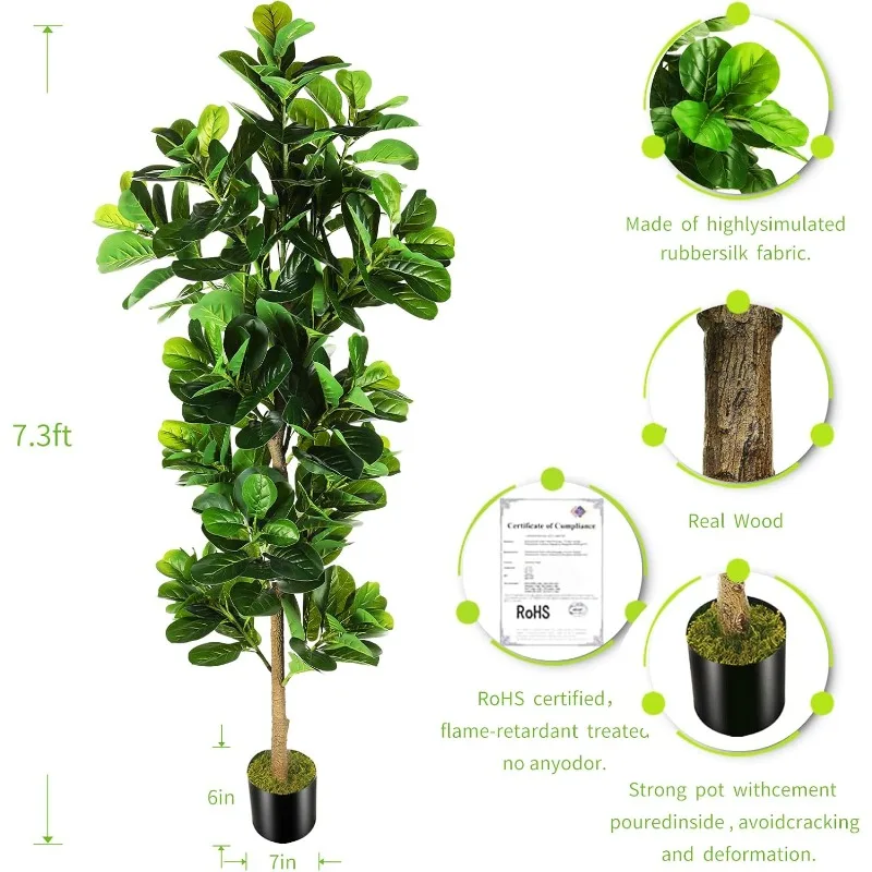 7.3ft Artificial Fiddle Leaf Fig Tree (87in) with Nursery Pot Faux Tree, Ficus Lyrata Fake Plant for Office House