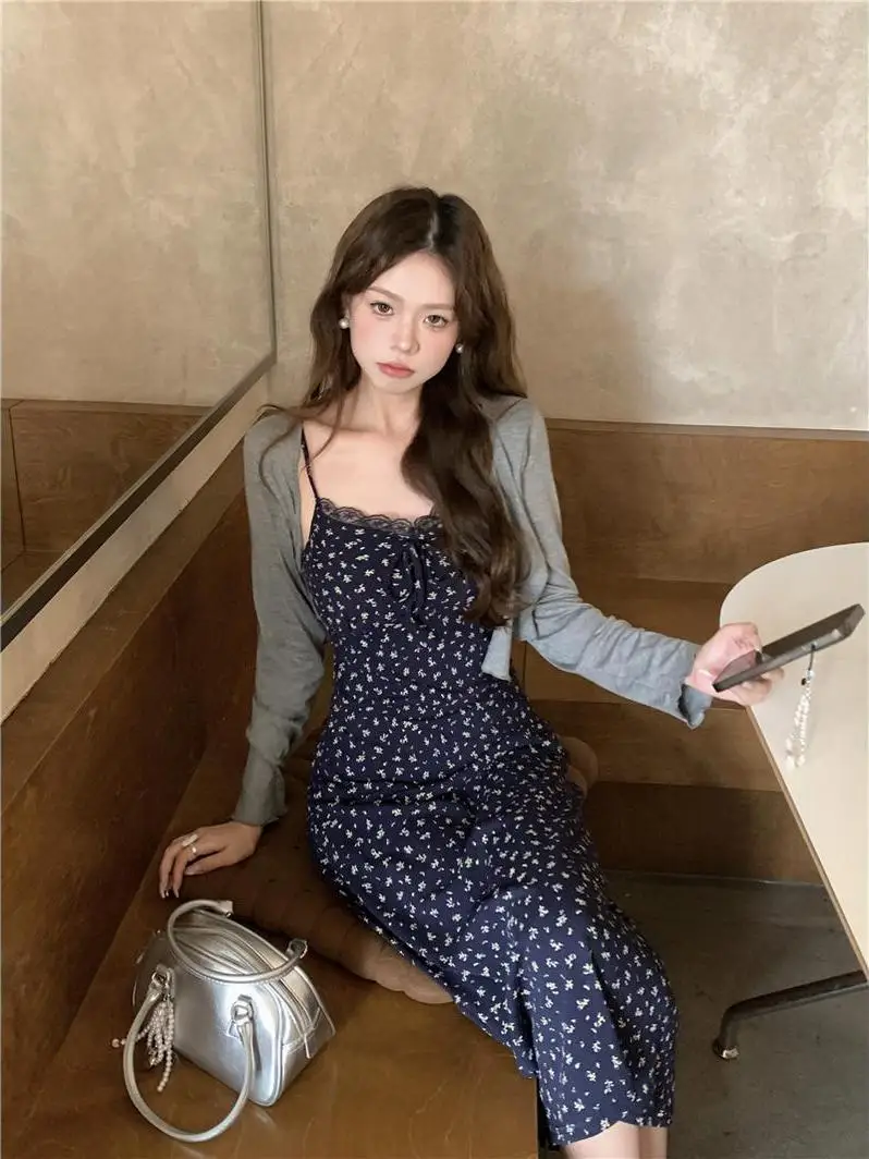 

Korean Style Fashionable Summer Set Women's Floral Print Strap Dress Long Sleeve Cardigan Two-Piece Suit Sunscreen Casual Wear