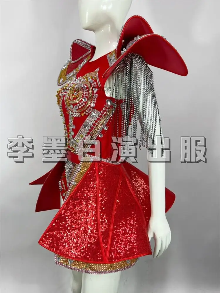 Customized Gold Leaf Chain Heavy Metal Rivet Sequins Full Diamond Jazz Bodysuit Singer Nightclub Performance Dress