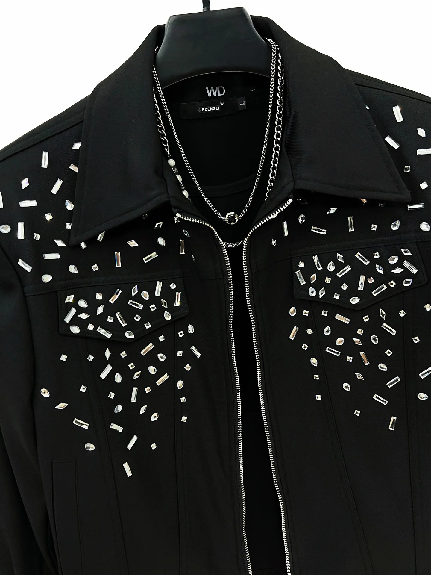 2025 New Black Trendy Heavy Rhinestone Jacket Fashionable High-end Design Casual Loose Turn-down Collar Coat for Men